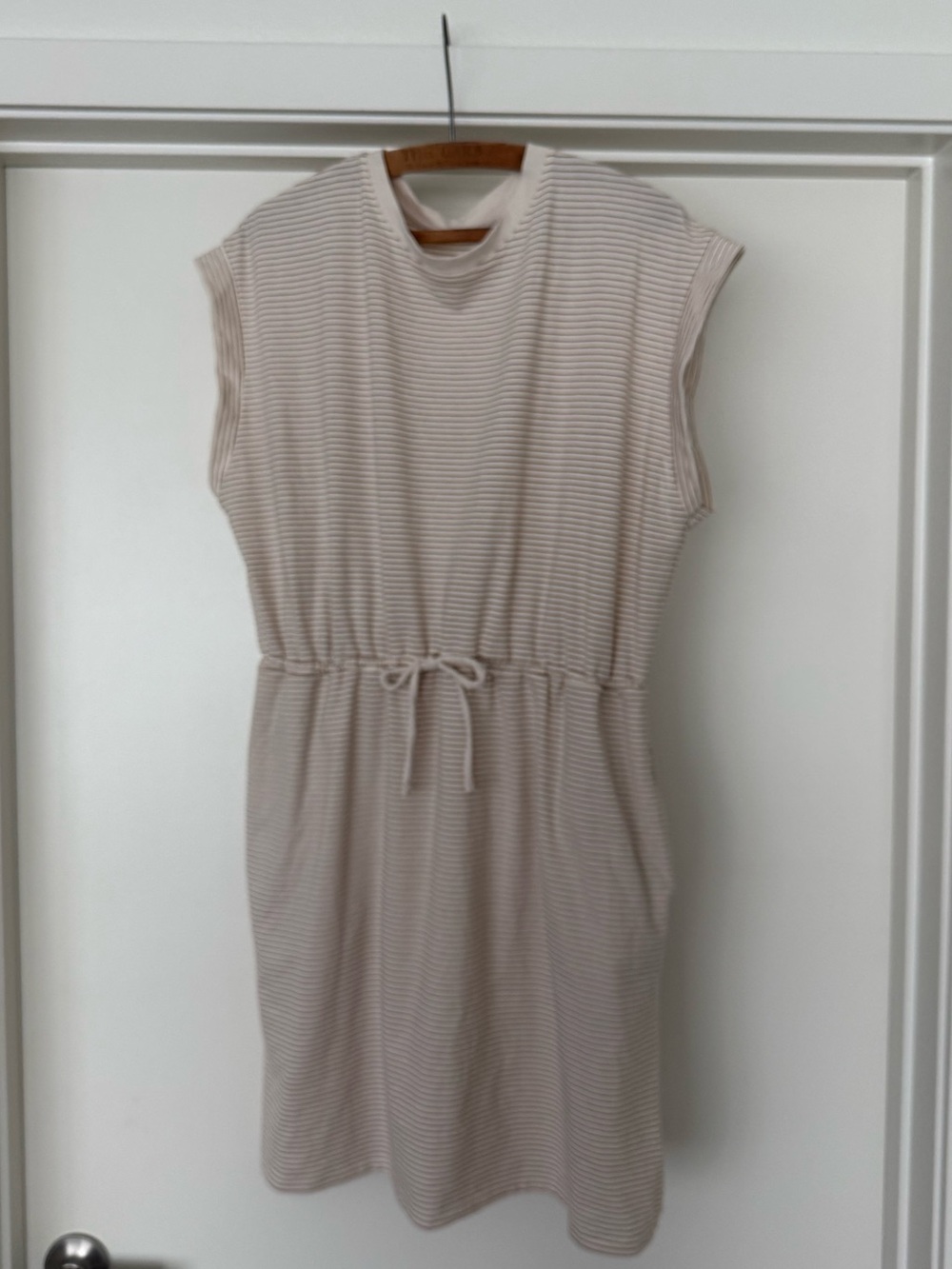 Neutral Stripe Tie-Waist Sleeveless Dress